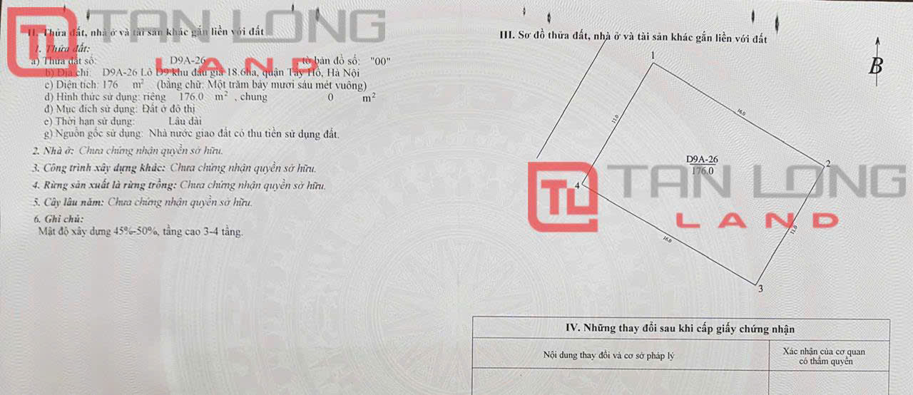 Bán mảnh đất Vườn Đào D9 mặt tiền 11m hướng Tây Bắc - DT: 179m2 khu vực Tây Hồ